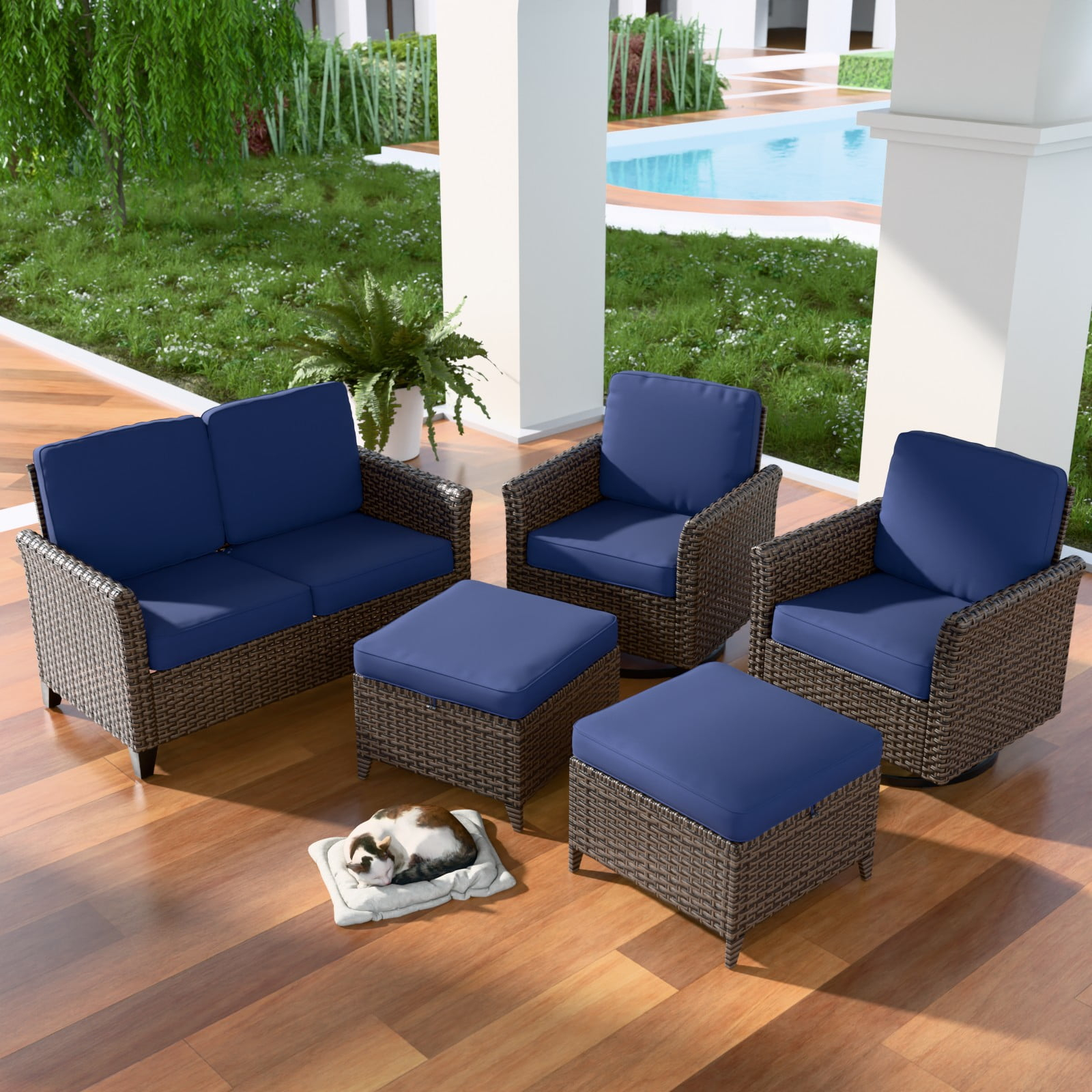 EAGLE PEAK 5 piece Patio Multi-brown Wicker Conversation Set Swivel Chairs, Loveseat, Blue Cushions