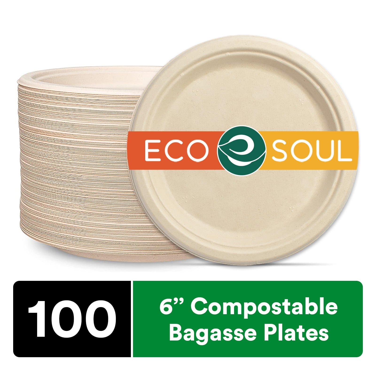 ECO SOUL 6 Inch Round [100-Pack] Tree Free Compostable Plates I Heavy-Duty Eco-Friendly Appetizer Plates I Biodegradable Sugarcane Eco Plates