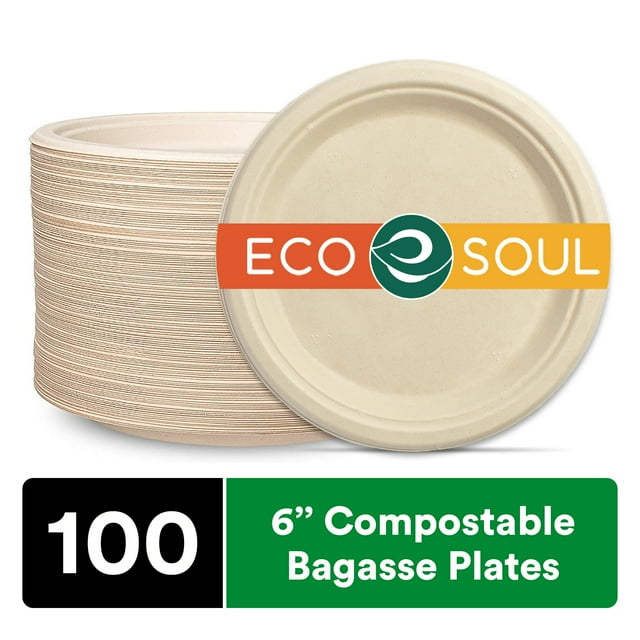 ECO SOUL 6 Inch Round [100-Pack] Tree Free Compostable Plates I Heavy-Duty Eco-Friendly Appetizer Plates I Biodegradable Sugarcane Eco Plates