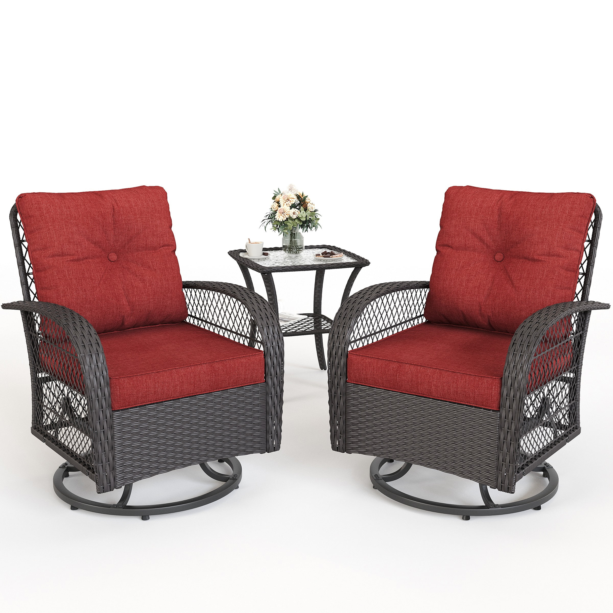 ECOPATIO 3 Pieces Patio Furniture Set, Outdoor Swivel Gliders Rocker, Wicker Patio Bistro Set with Rattan Rocking Chair, Glass Top Side Table and Thickened Cushions for Porch Deck Backyard(Red)