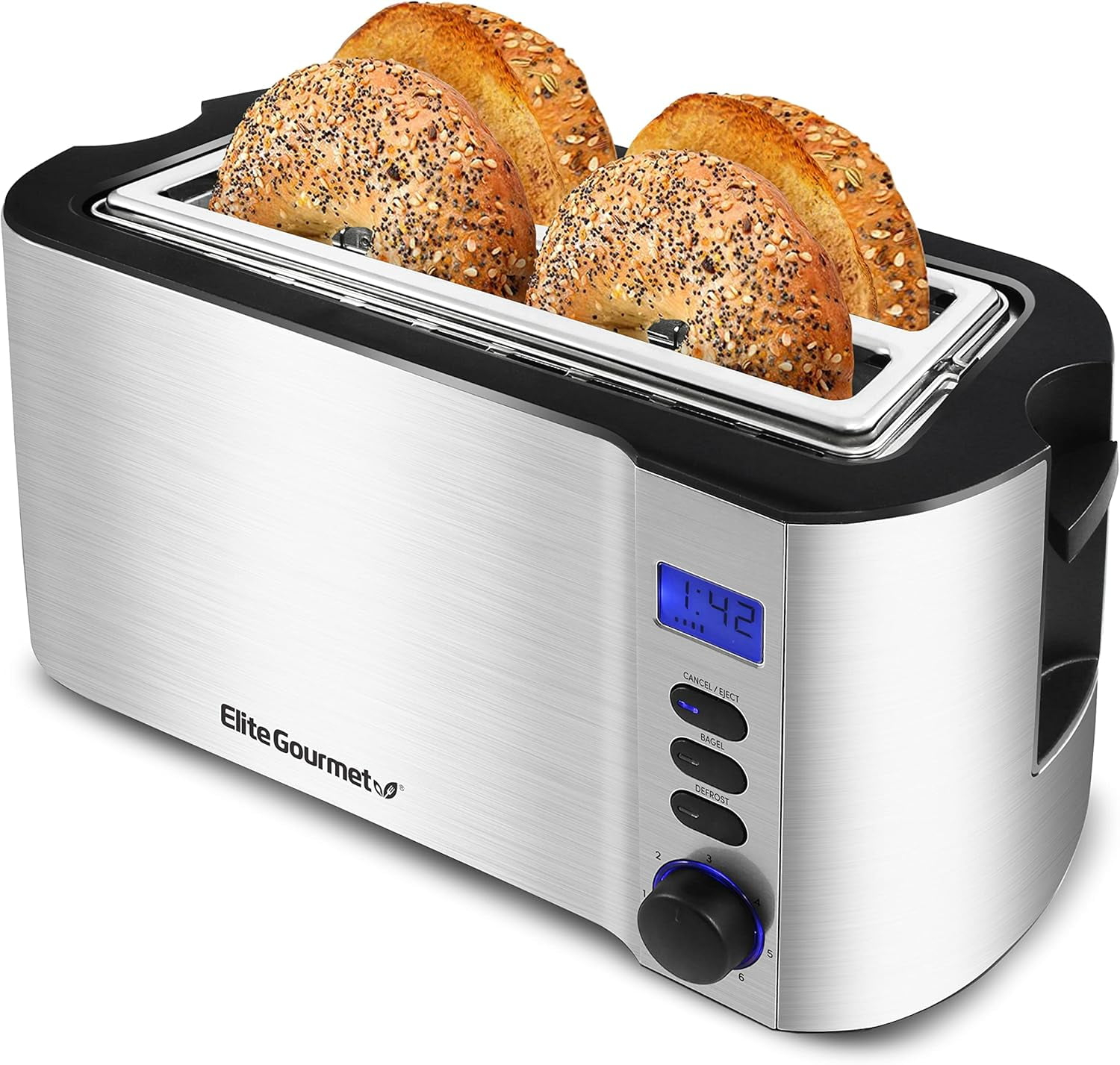 Elite Gourmet 4-Slice Digital, Stainless Steel Long-Slot Toaster
