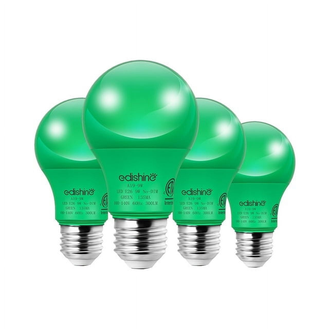 EDISHINE Green LED Light Bulbs for Holiday Party Decoration, A19 9W LED Bulbs 60W Equivalent E26 Base 4 Pack, ETL Listed