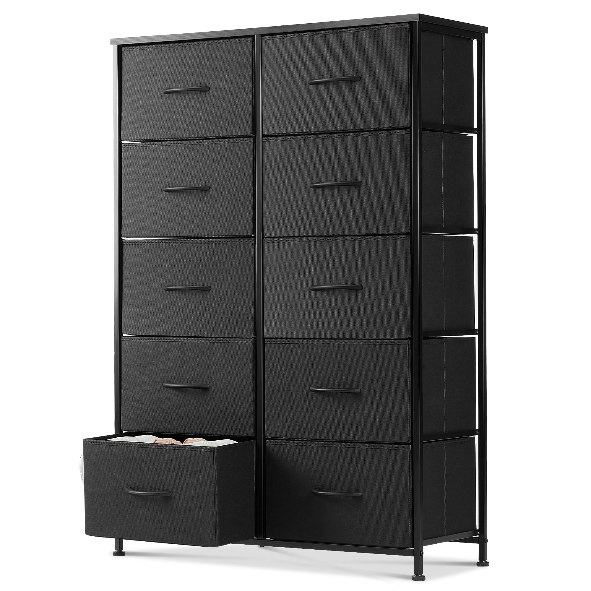 Modern 10-Drawer Fabric Storage Dresser - Tall Chest of Drawers with Steel Frame, Wooden Top, for Bedroom, Closet, Entryway, Black
