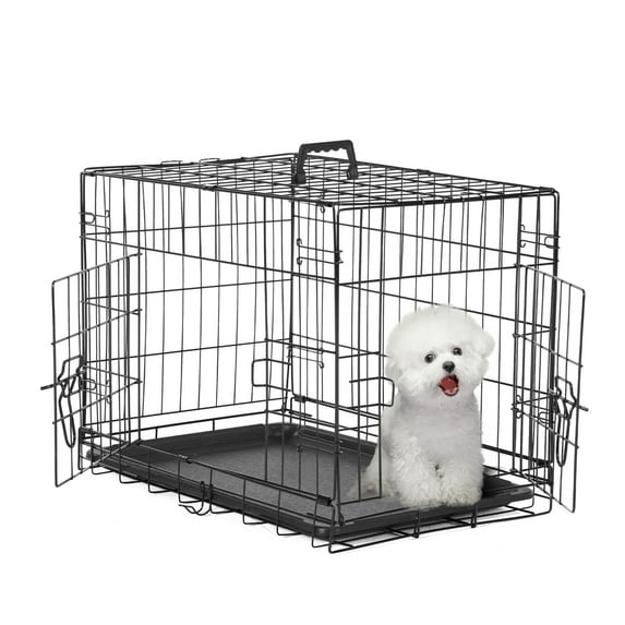 EDX Small Dog Crate with Divider Panel, 24" Double Door Folding Metal Wire Dog Cage with Plastic Leak-Proof Pan Tray