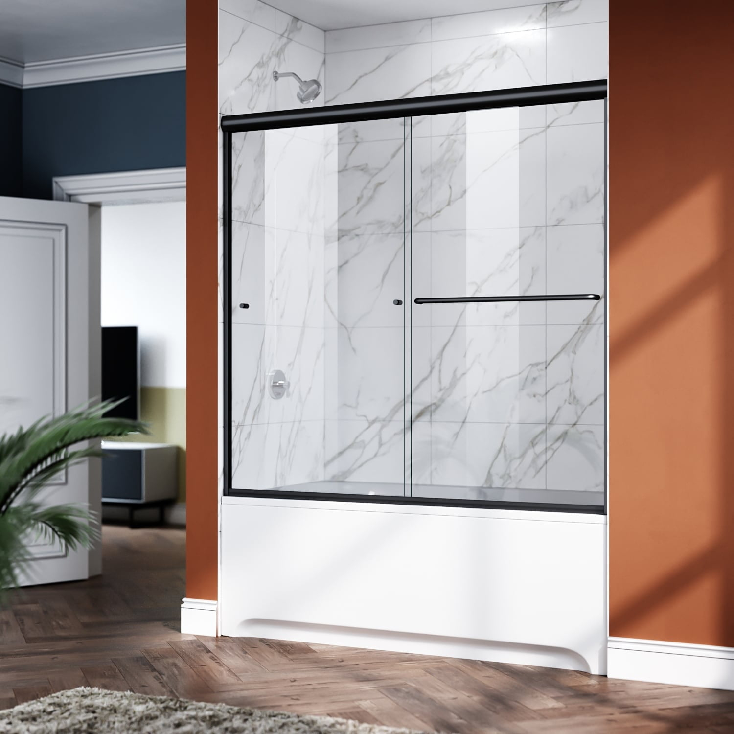 Sunny Shower Double Glass Bathtub Sliding Shower Door 60" W x 57" H in Black
