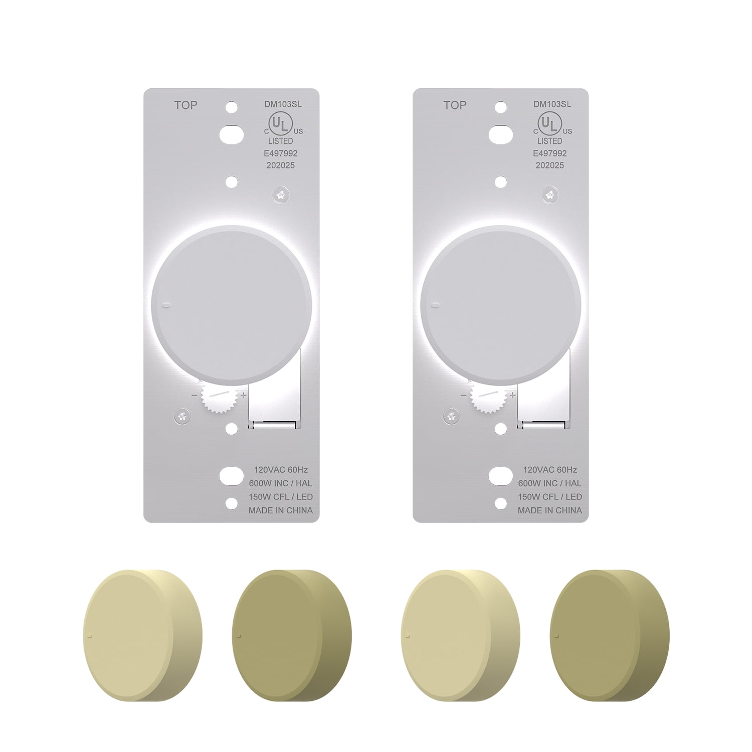 ELEGRP Push Button Rotary Dimmer Switch with Night Indicator Light, Push On/Off, Single Pole/ 3-Way, White/Ivory/light Almond Knobs Included(2 Pack)