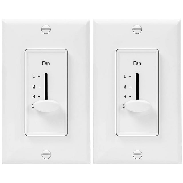 ENERLITES 3 Speed in Wall Ceiling Fan Control, Slide Switch, 120VAC, 2.5A, Single-Pole, Neutral Wire NOT Required, 17000-F3-W2P, White, 2 Pack