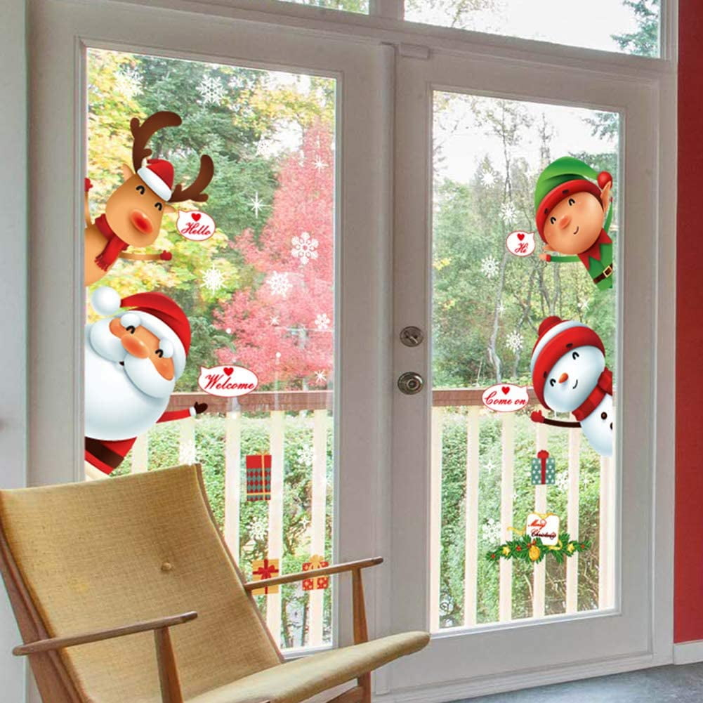 Christmas Windows Static Stickers Clings Santa Claus Snowman Deer Snowflake Removable Vinyl Christmas Tree Diy Wall Window Door Mural Decal Sticker Fo