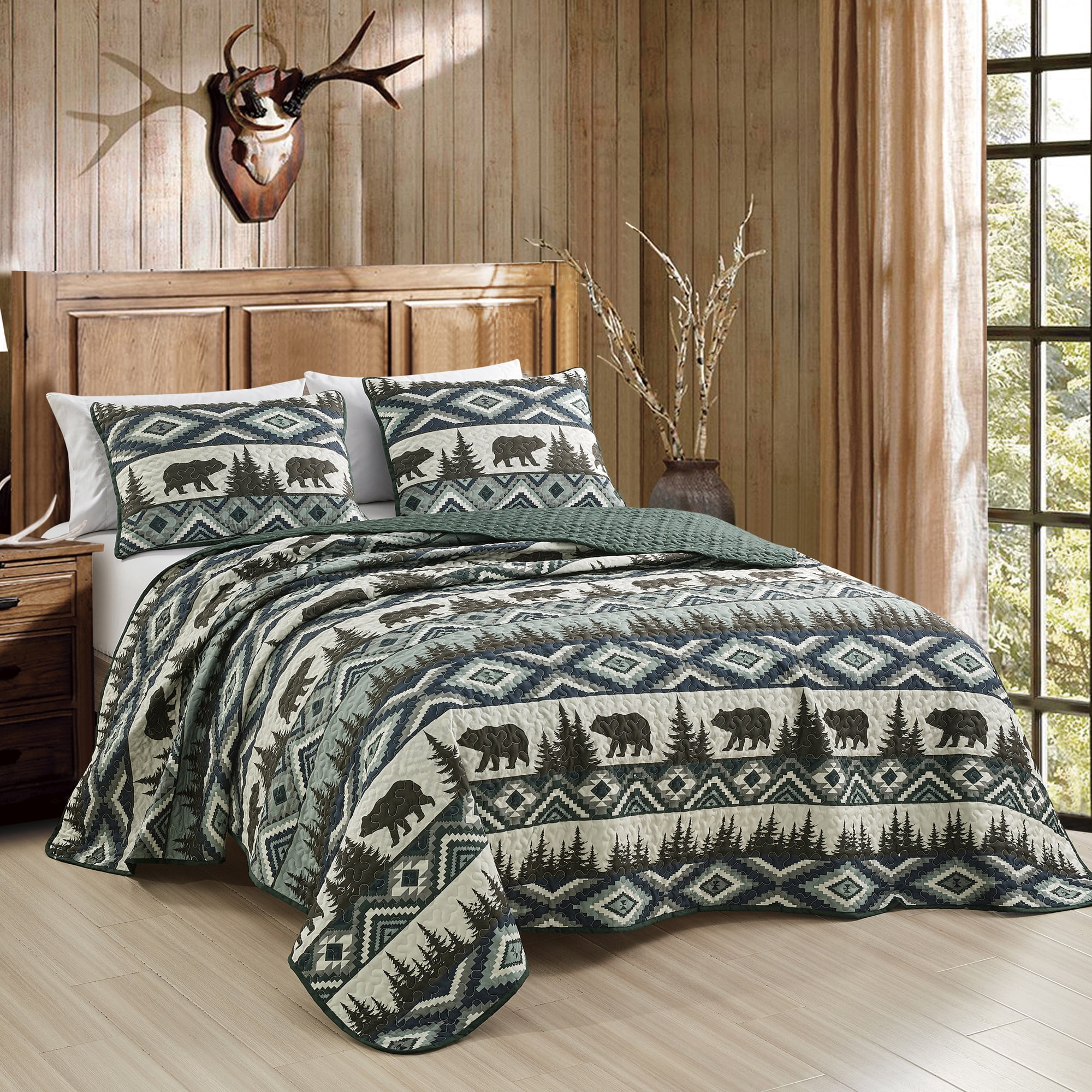 ESCA Farmhouse Boho Brown Bears Bedspread with 2 Pillow Shams - Full/Queen Size, 3-Piece Brown Rustic Cabin Lodge Quilt Set