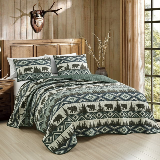 ESCA Farmhouse Boho Brown Bears Bedspread with 2 Pillow Shams - Full/Queen Size, 3-Piece Brown Rustic Cabin Lodge Quilt Set