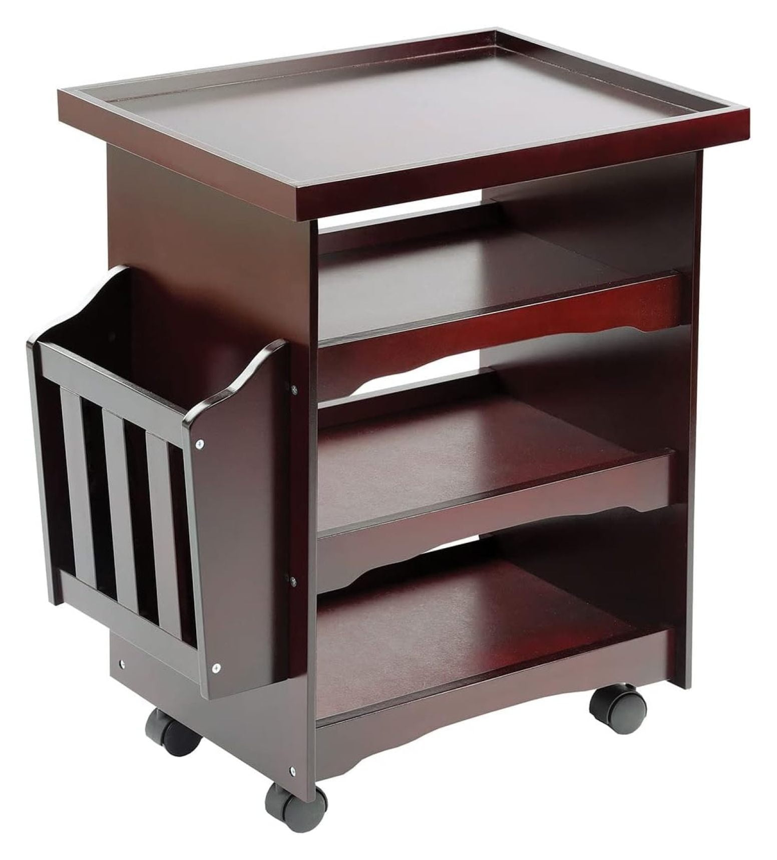 ETNA Rolling Bar Cart Multipurpose End Table with Wheels Narrow Side Table with Magazine Rack, Mahogany Wood Finish, 24" H x 21" L x 14" W