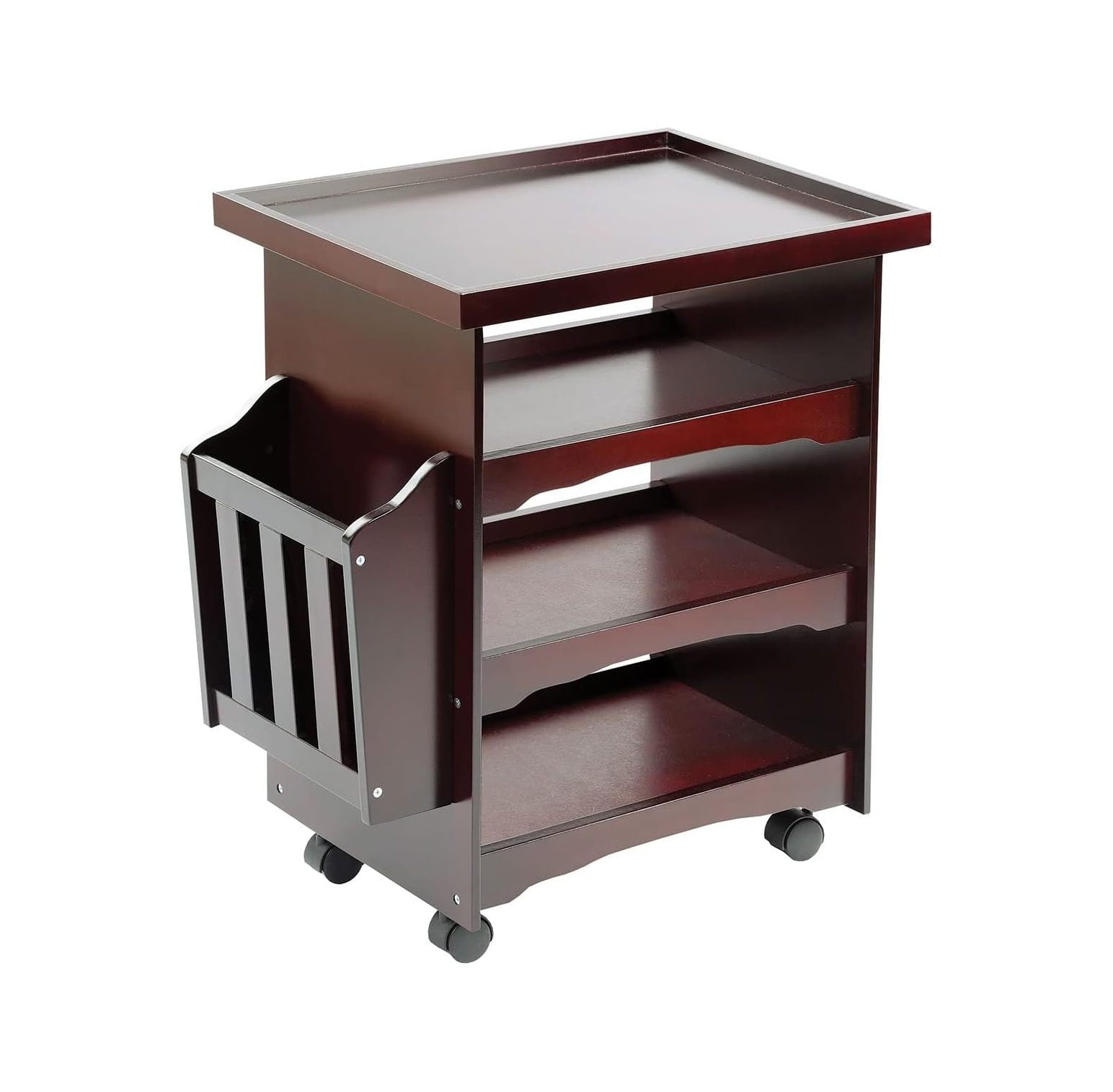 ETNA Rolling Bar Cart Multipurpose End Table with Wheels Narrow Side Table with Magazine Rack, Mahogany Wood Finish, 24" H x 21" L x 14" W