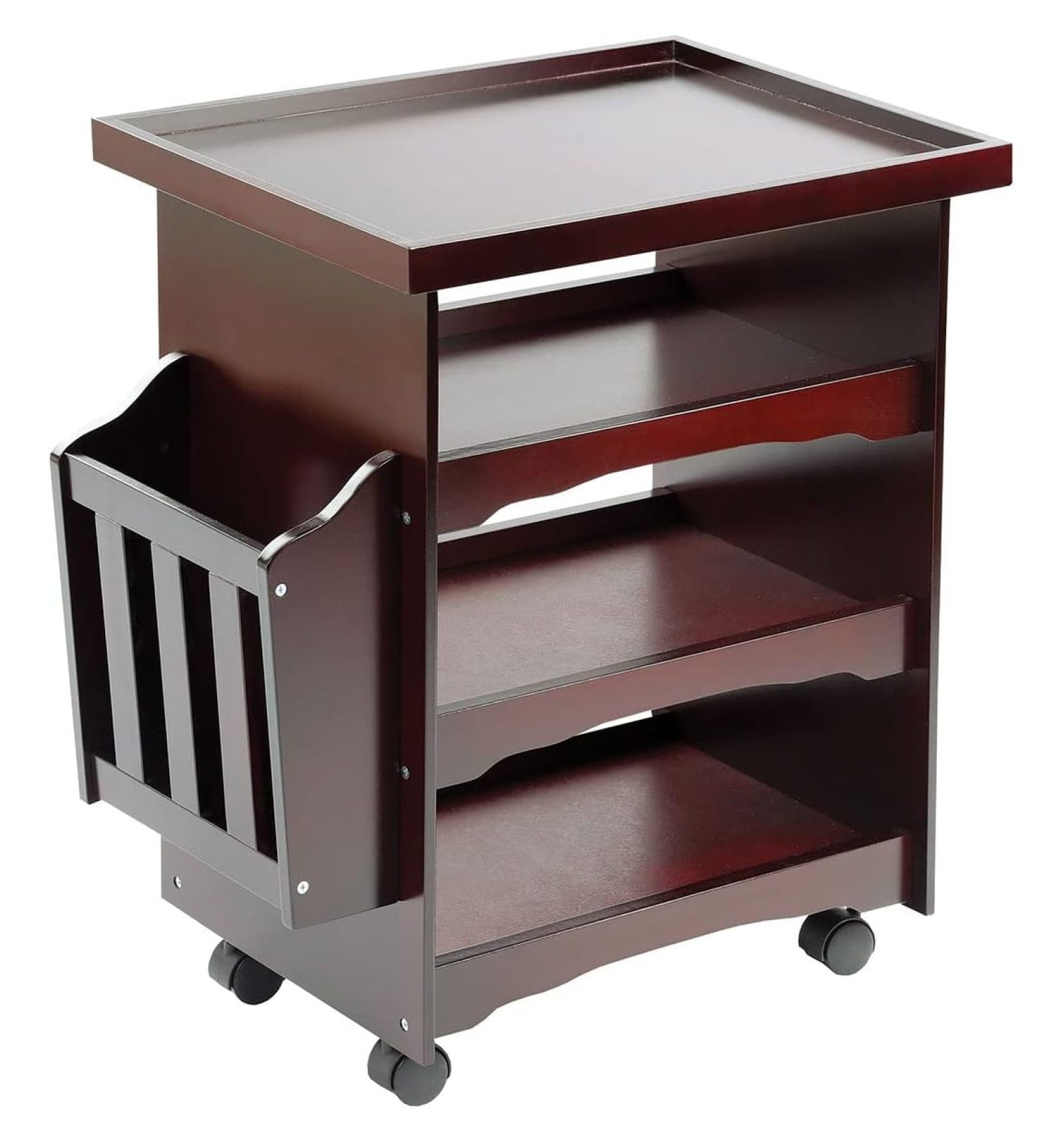 ETNA Rolling Bar Cart Multipurpose End Table with Wheels Narrow Side Table with Magazine Rack, Mahogany Wood Finish, 24" H x 21" L x 14" W