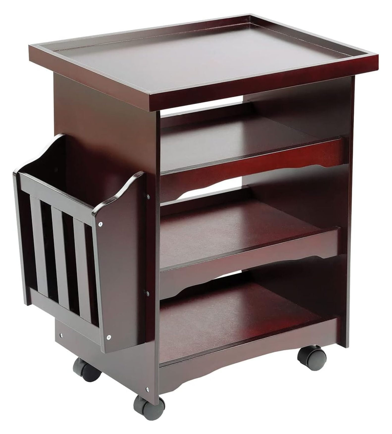 ETNA Rolling Bar Cart Multipurpose End Table with Wheels Narrow Side Table with Magazine Rack, Mahogany Wood Finish, 24" H x 21" L x 14" W