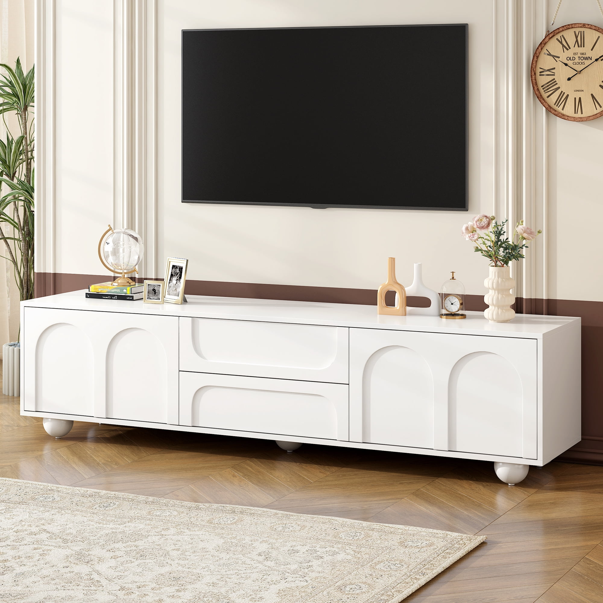 EUROCO 69.6" Modern TV Stand,Modern Entertainment Center with 2 Drawers,2 Storage Cabinets,5 Iron Round Legs and Rebound Device,Media Console Table for TVs Up to 75",White