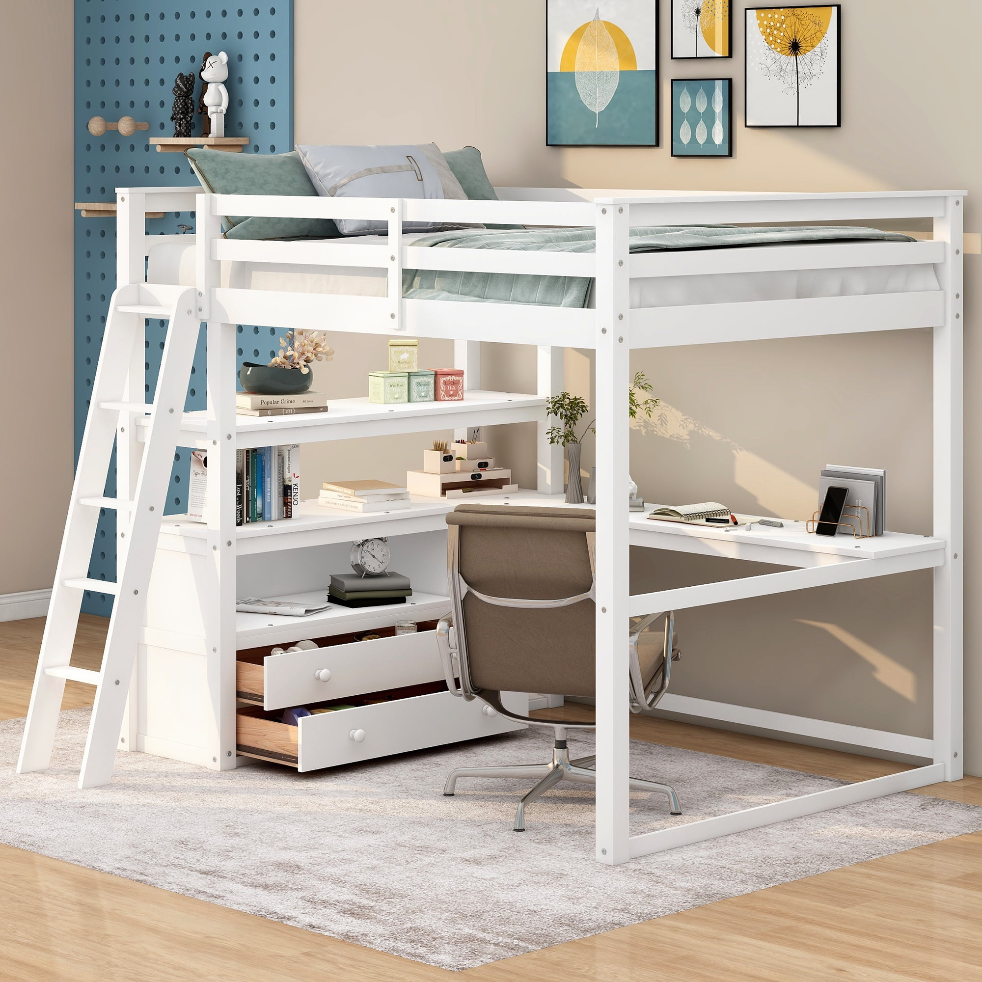 EUROCO Full Size Loft Bed with Desk and Shelf for Kids, White