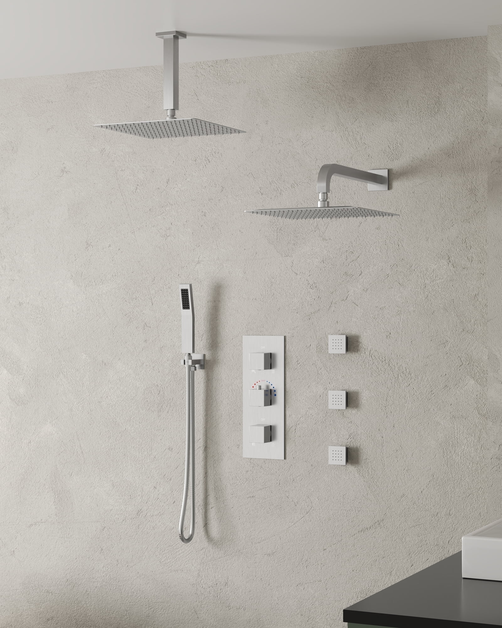 EVERSTEIN 12 in. Dual Rain Shower Heads System, 1.8 GPM Muti Spray Patterns Wall & Celling Mounted Shower Head with Handheld Shower Sparyer, Side Jets & Knob Valve Body, Brushed Nickel