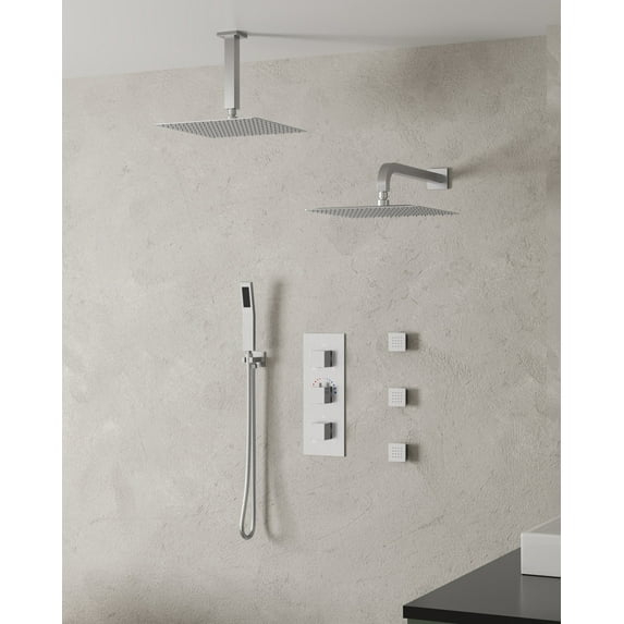 EVERSTEIN 12 in. Dual Rain Shower Heads System, 1.8 GPM Muti Spray Patterns Wall & Celling Mounted Shower Head with Handheld Shower Sparyer, Side Jets & Knob Valve Body, Brushed Nickel