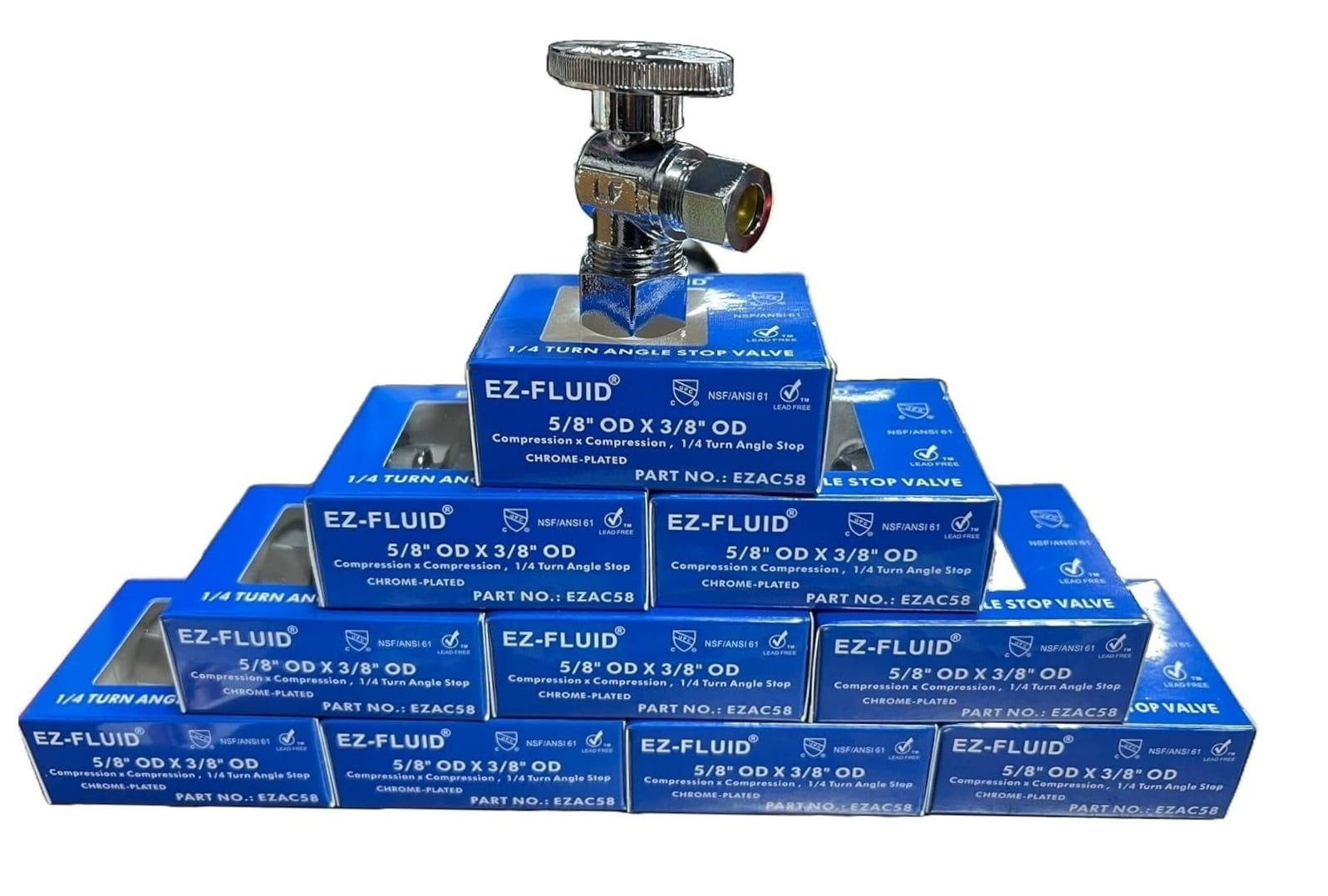 (10Pcs) EZ-Fluid 5/8" OD Comp x 3/8" OD Comp Angle Stop Valve Water Shut Off Ball Valve 1/4 Quarter Turn Heavy Duty Chrome Brass