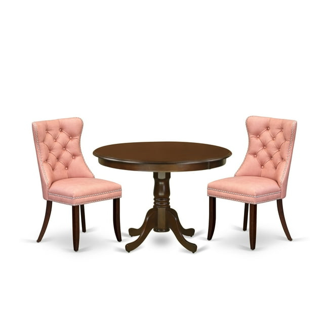 East West Furniture 3 Piece Dining Set Consists of a Round Kitchen Table with Pedestal
