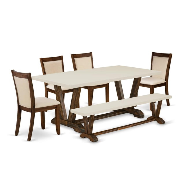 East West Furniture Juego de Comedor de 6 Piezas: 1 Mesa de Comedor, Banco de Comedor Moderno con Tapa de Lino Blanco y 4 Sillas de Cocina de Tela Beige Claro con Respaldo Elegante (Acabado Jacobeo Envejecido)