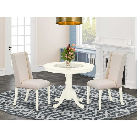 East West Furniture Antique 3-piece Dining Set with Fabric Seat in Linen White