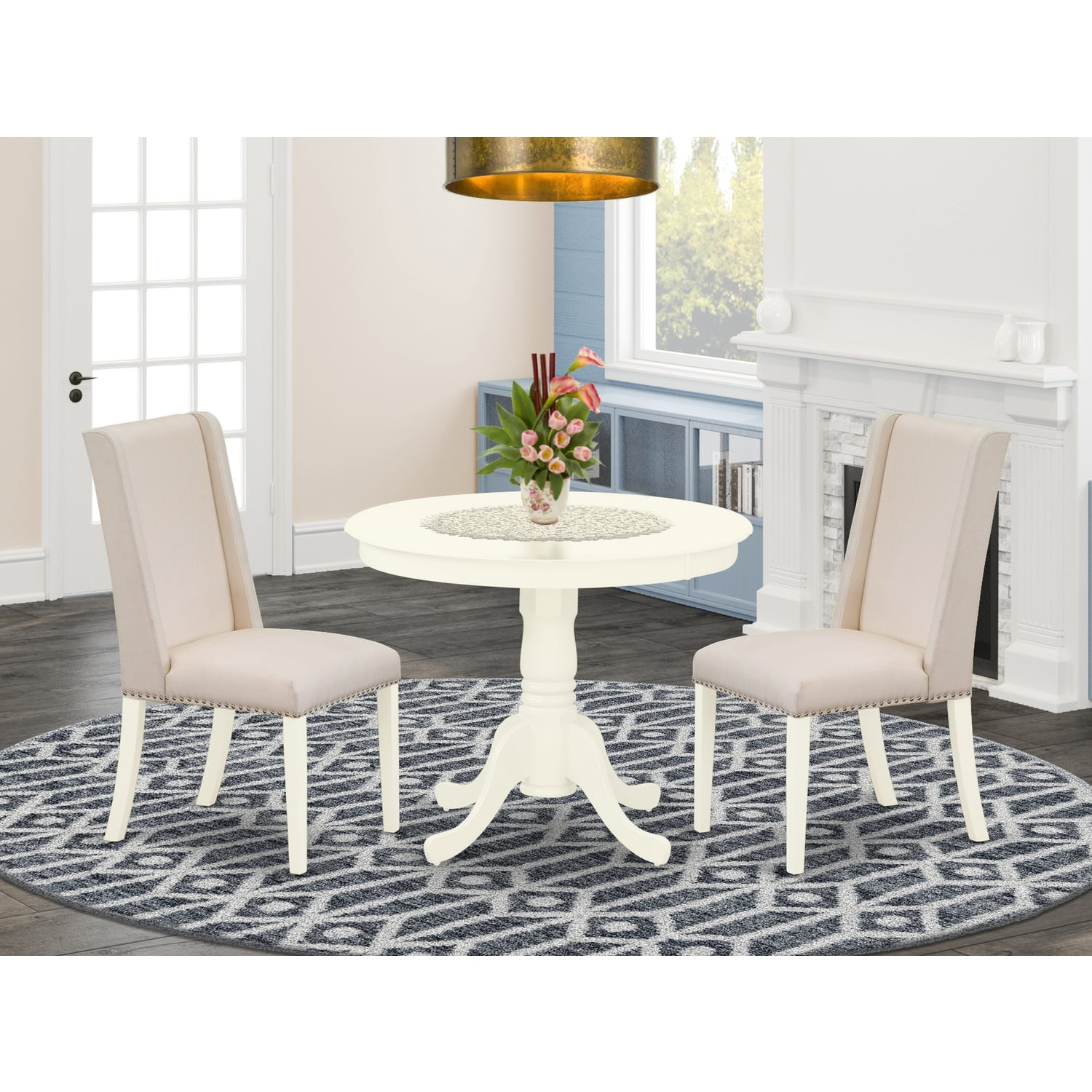 East West Furniture Antique 3-piece Dining Set with Fabric Seat in Linen White