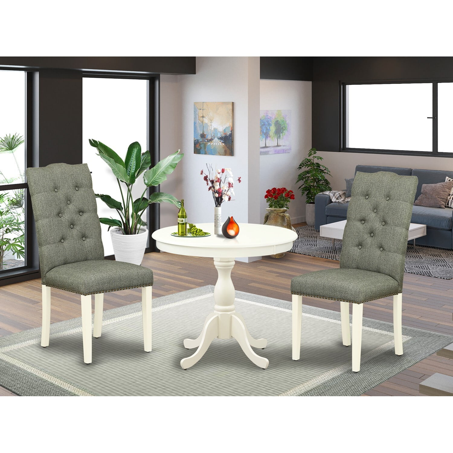 East West Furniture Antique 3-piece Wood Dining Set with Nail Heads in White
