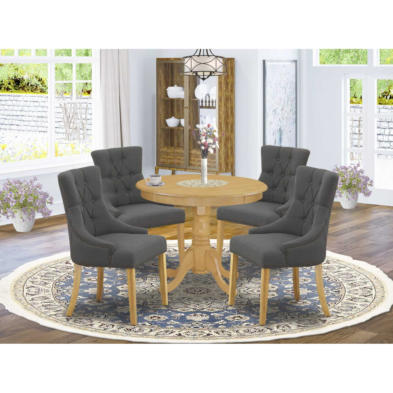 East West Furniture Antique 5-piece Wood Dining Set in Oak/Dark Gotham Gray