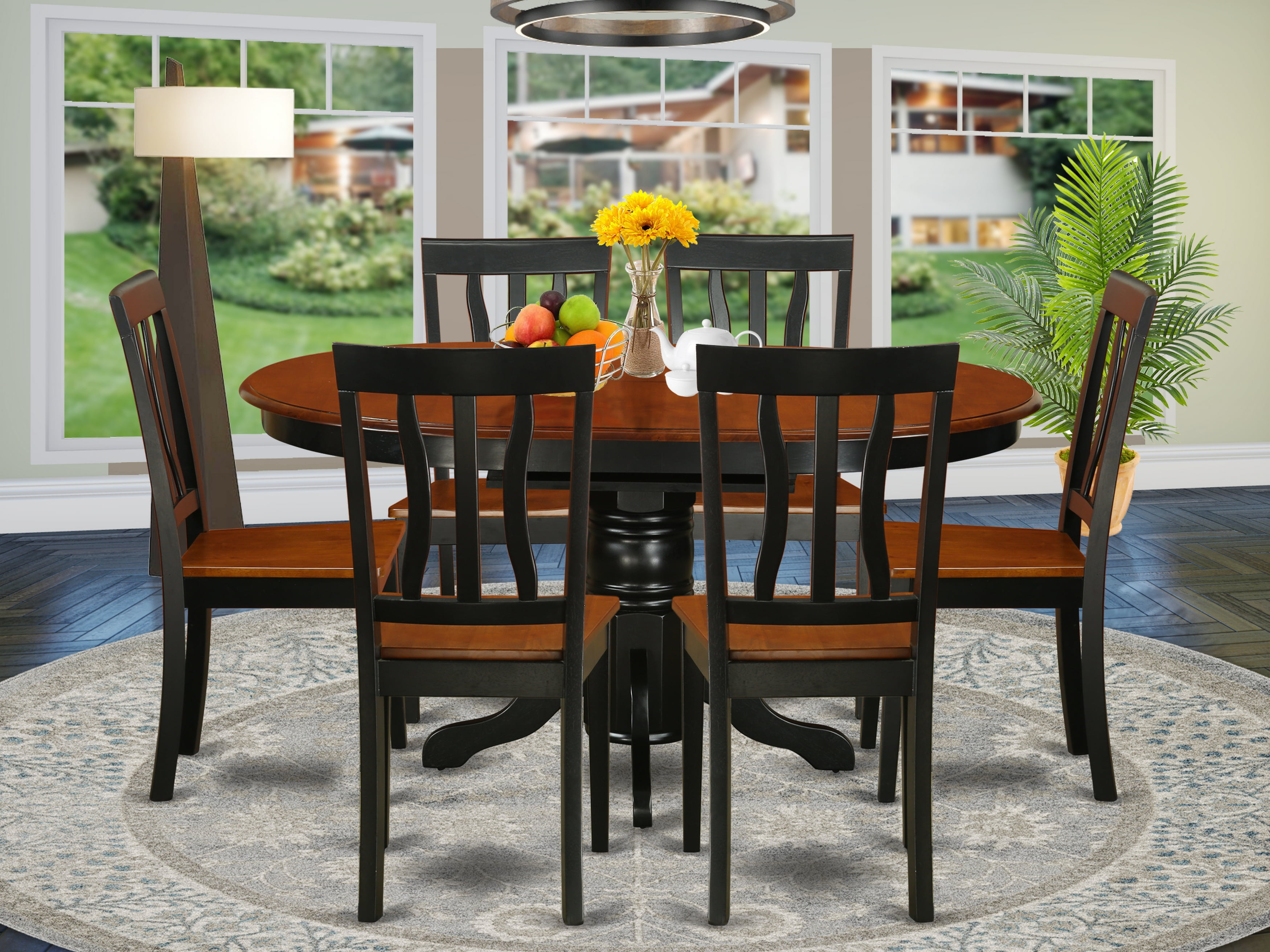 East West Furniture Avon 7-piece Dining Set with Wood Seat in Black/Cherry