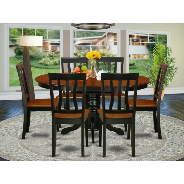 East West Furniture Avon 7-piece Dining Set with Wood Seat in Black/Cherry
