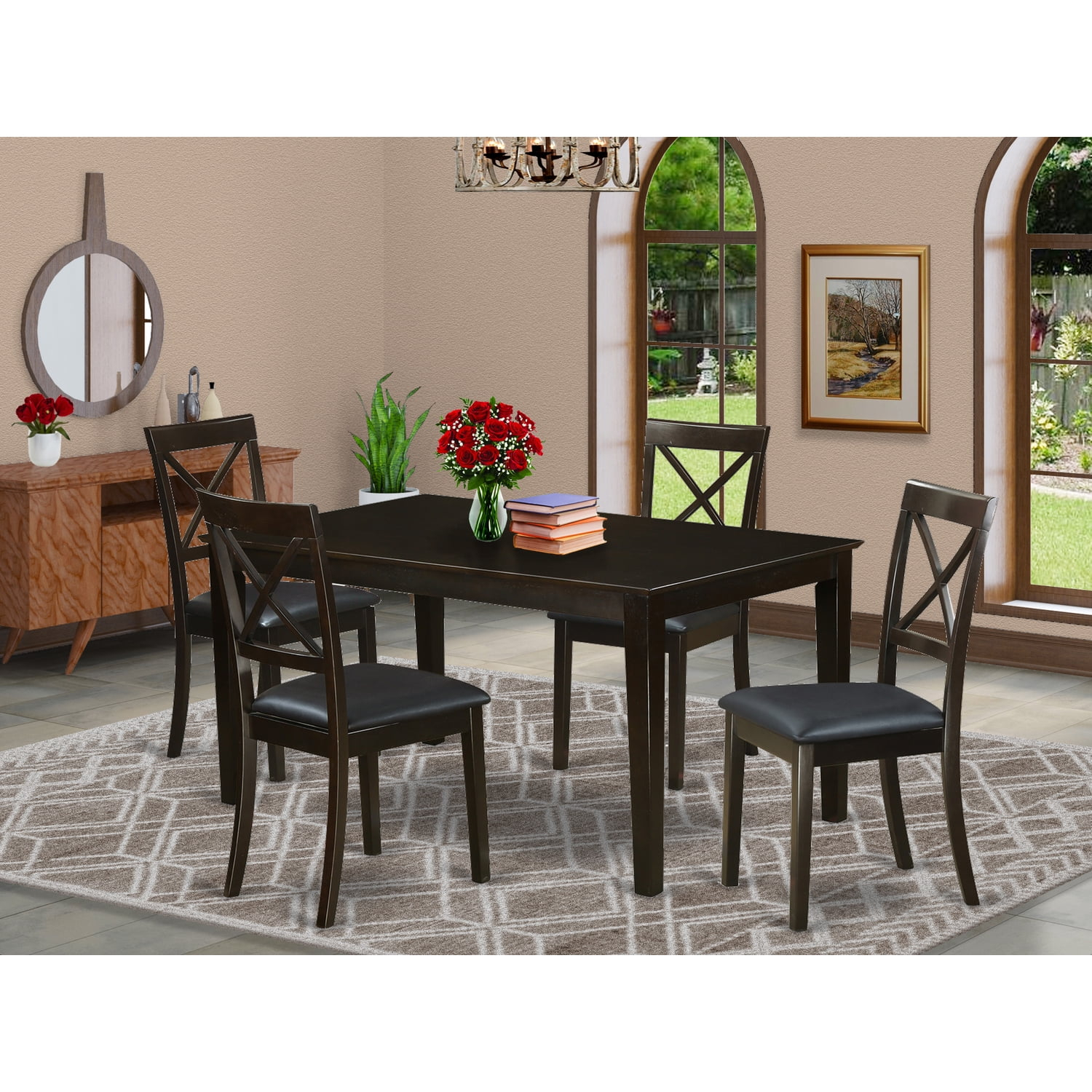 East West Furniture Capri 5-piece Dining Set with Leather Seat in Cappuccino