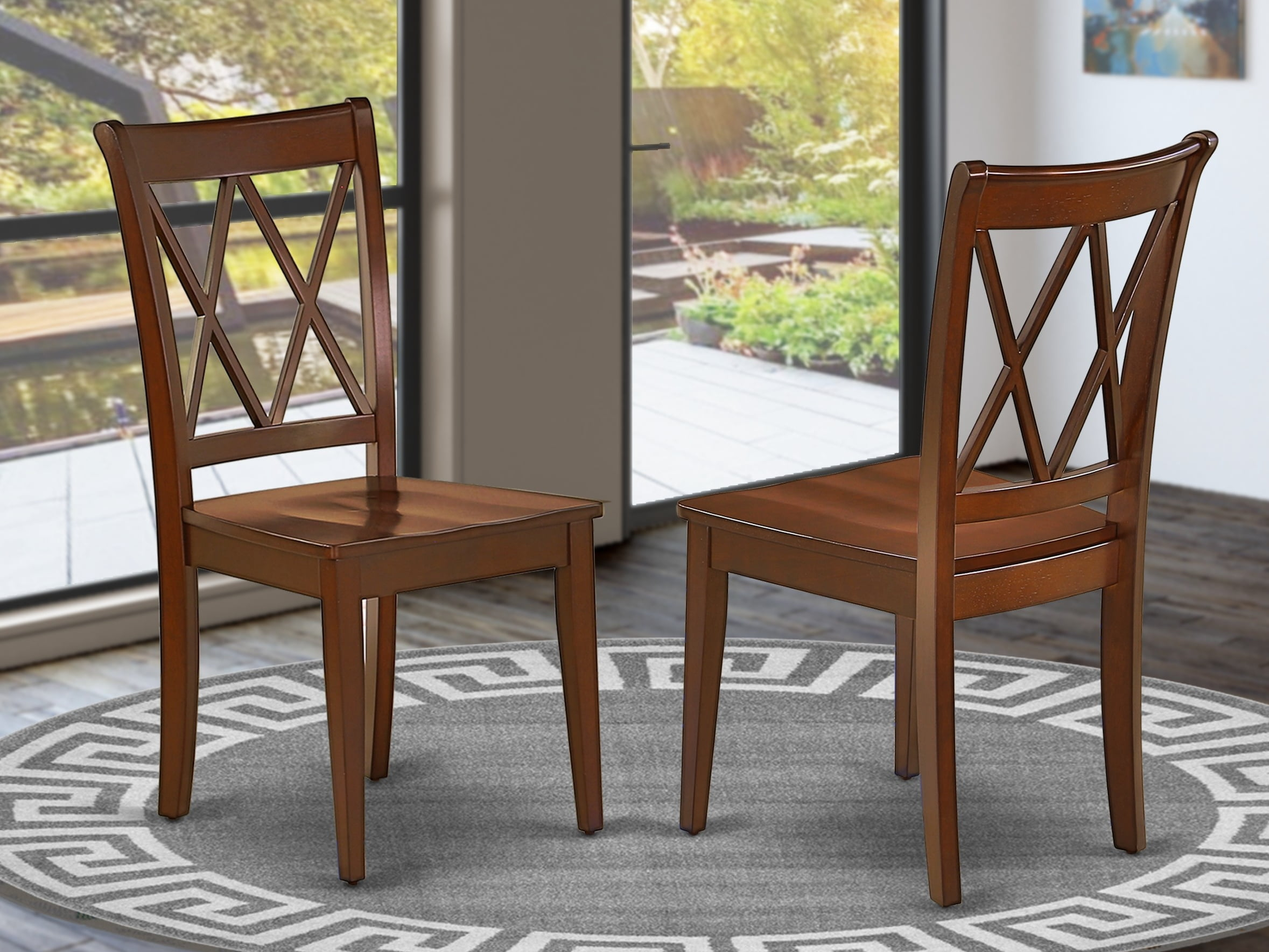 East West Furniture, Clarksville Dining Chairs - Double Cross Back Solid Wood Seat Chairs, Set of 2, Mahogany