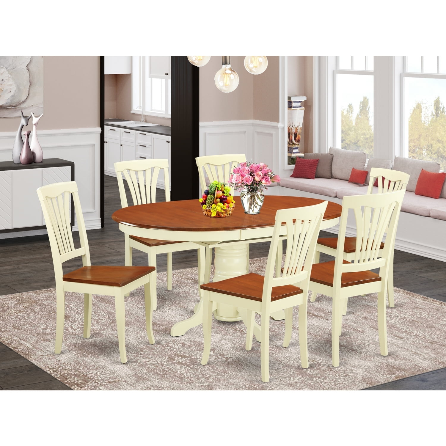 East West Furniture  Dining Room Furniture Set- an Oval Kitchen Table and 6 Dining Chairs, Buttermilk & Cherry