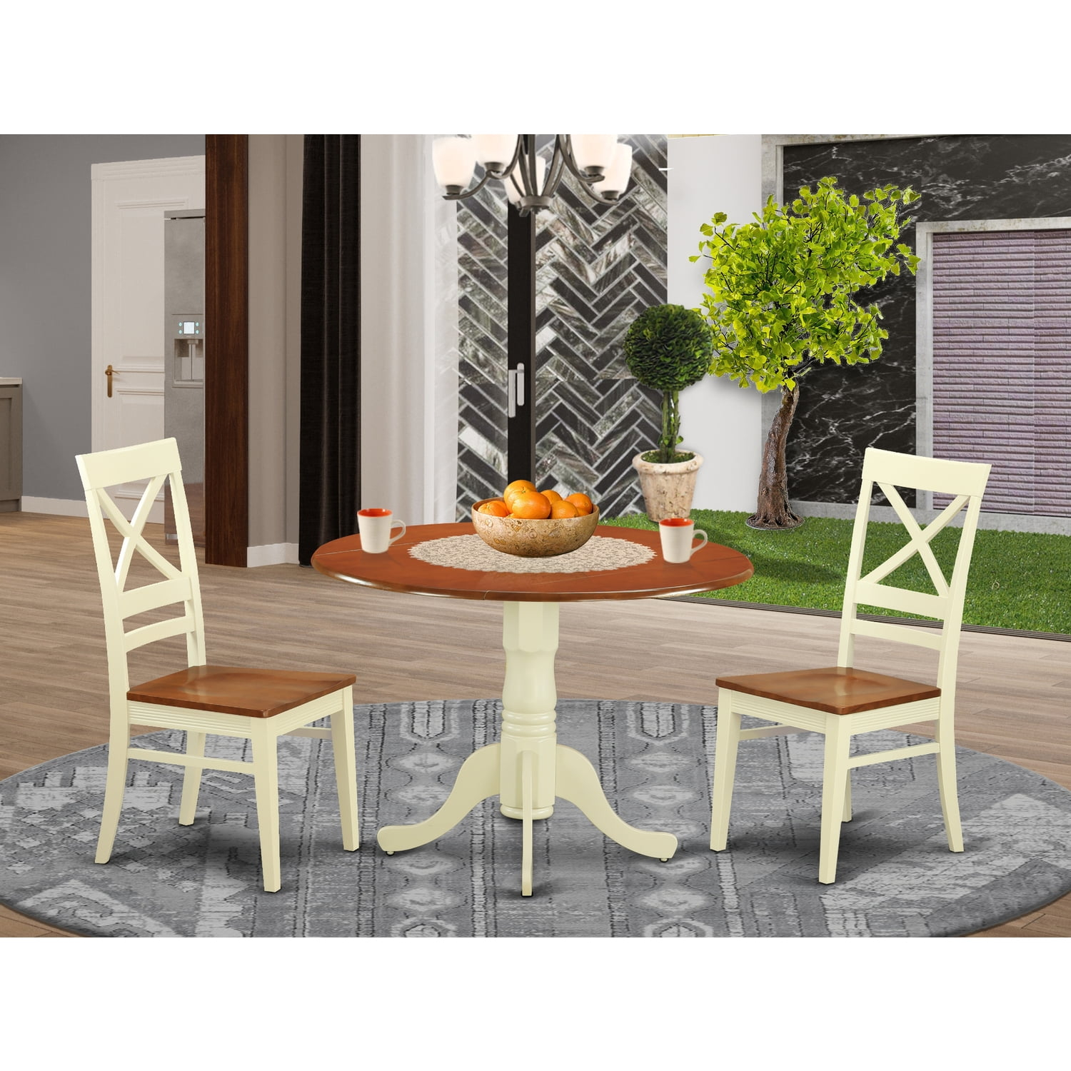 East West Furniture Dublin 3-piece Dining Table and Chairs in Buttermilk/Cherry