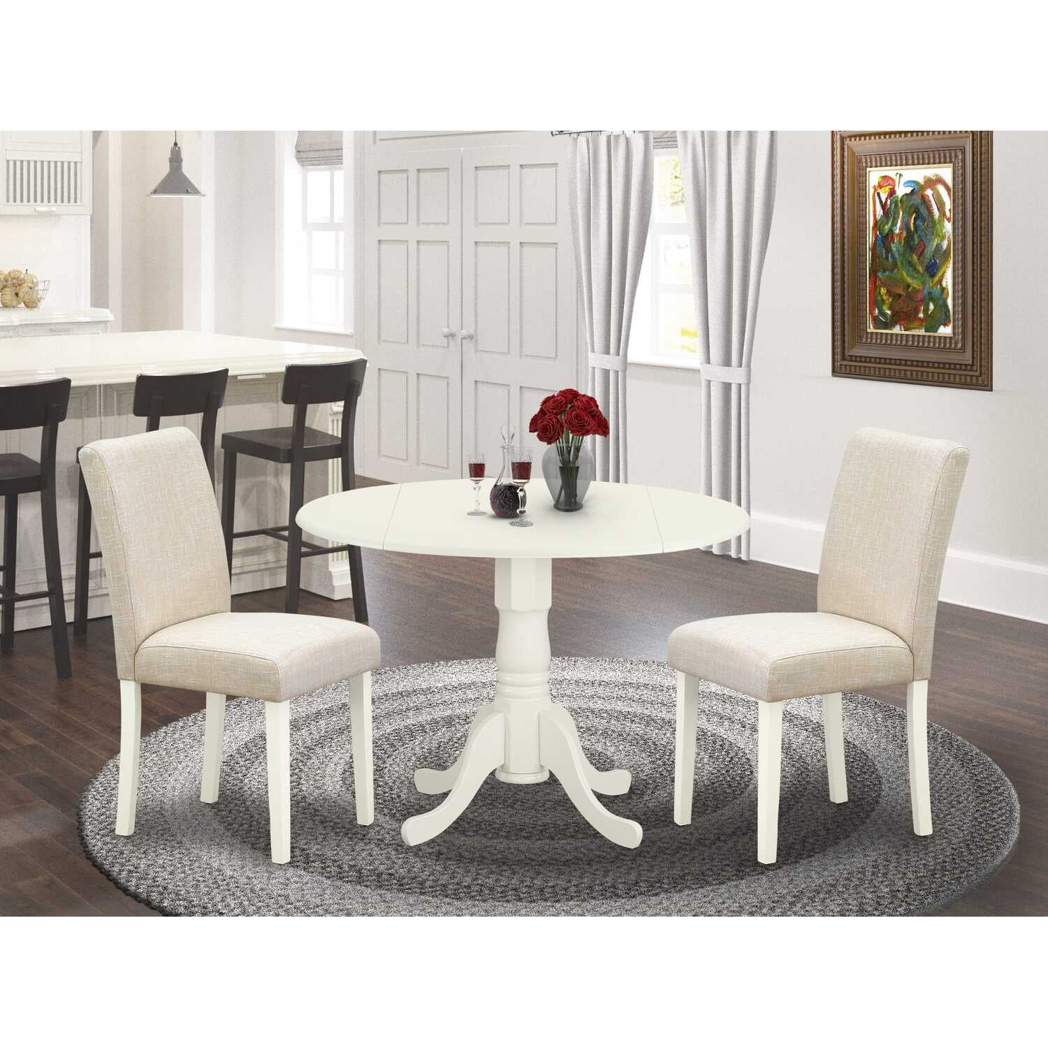 East West Furniture Dublin 3-piece Wood Dining Set with Linen Seat in White