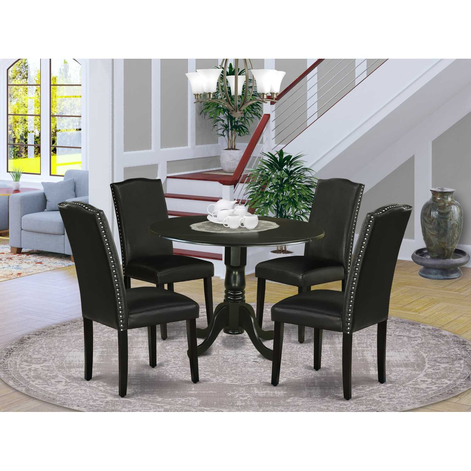 East West Furniture Dublin 5-piece Wood Dining Set with Leather Seat in Black