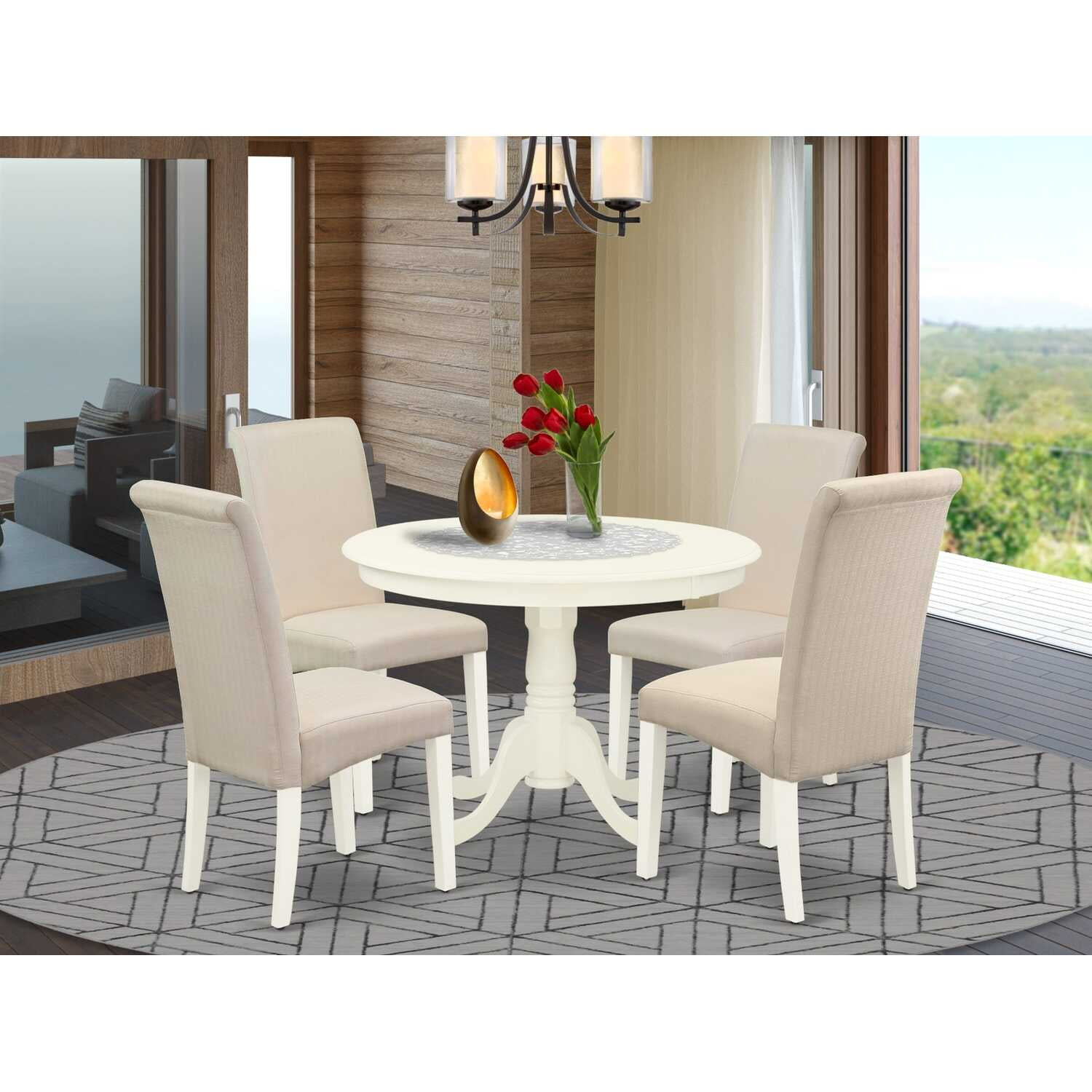 East West Furniture Hartland 5-piece Wood Dining Set in Linen White/Cream