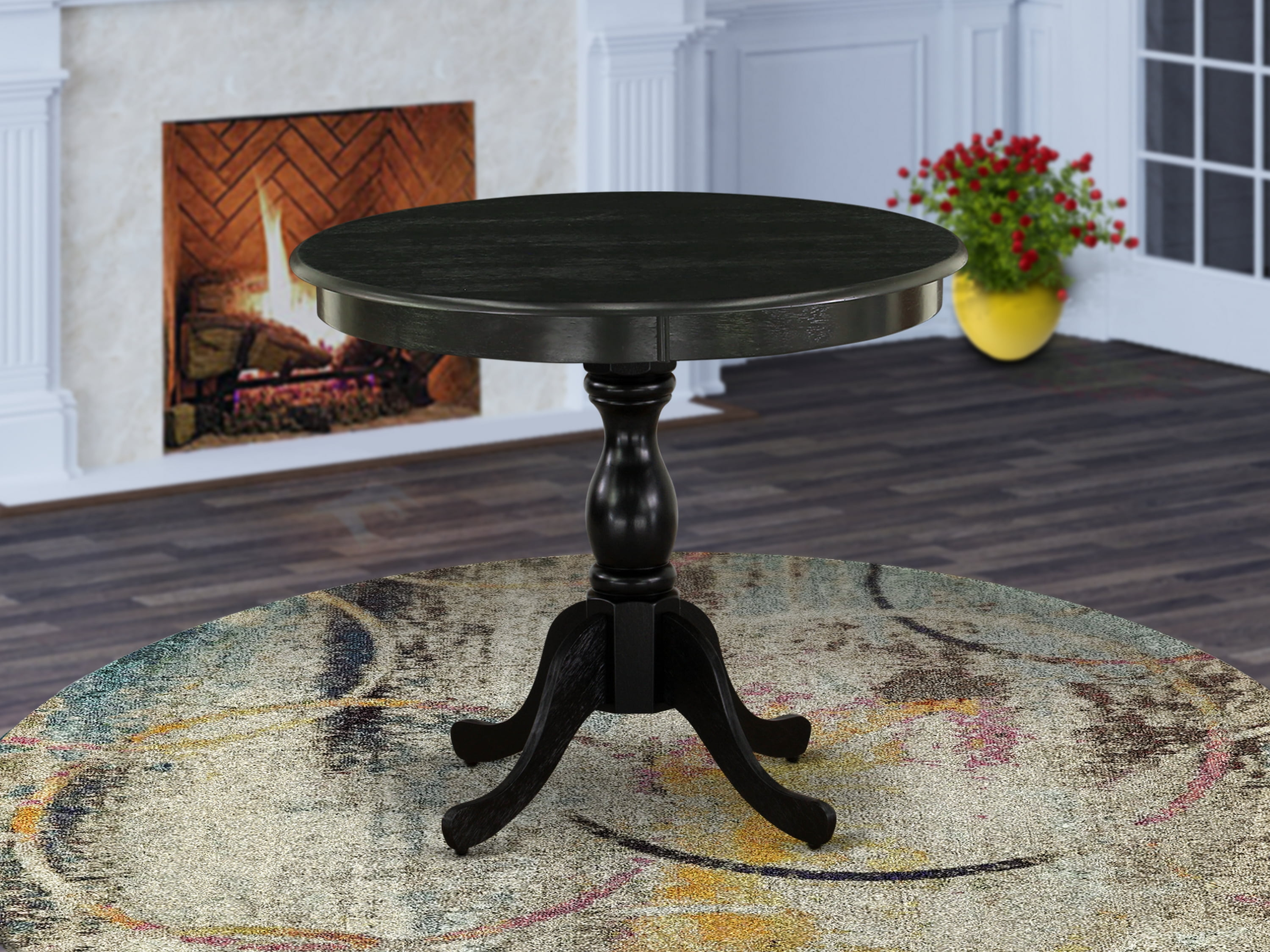 East West Furniture  36 in. Antique Round Rubber Wood Wirebrushed Black Dining Table