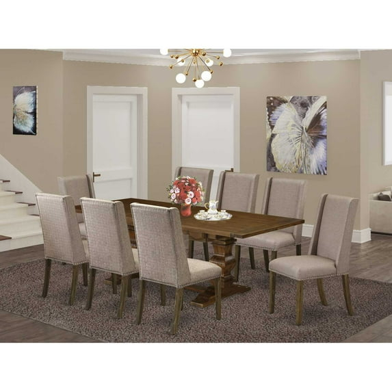 Vintage Dining Set - 9 Piece TableChair Set - Antique WalnutDistressed Jacobean Finish - Linen Fabric Dining Room Chairs