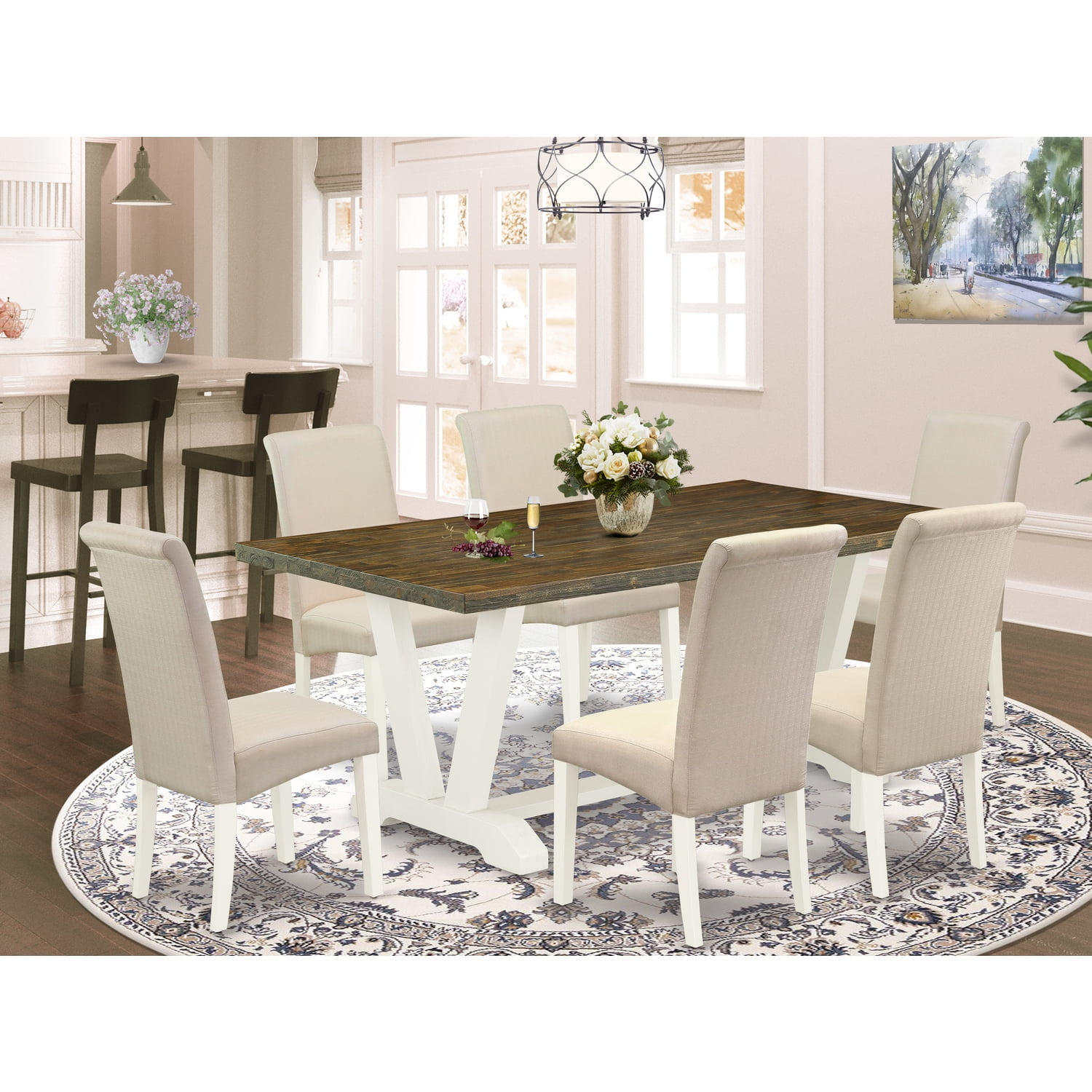 East West Furniture V-Style 7-piece Wood Dining Table Set in White/Cream