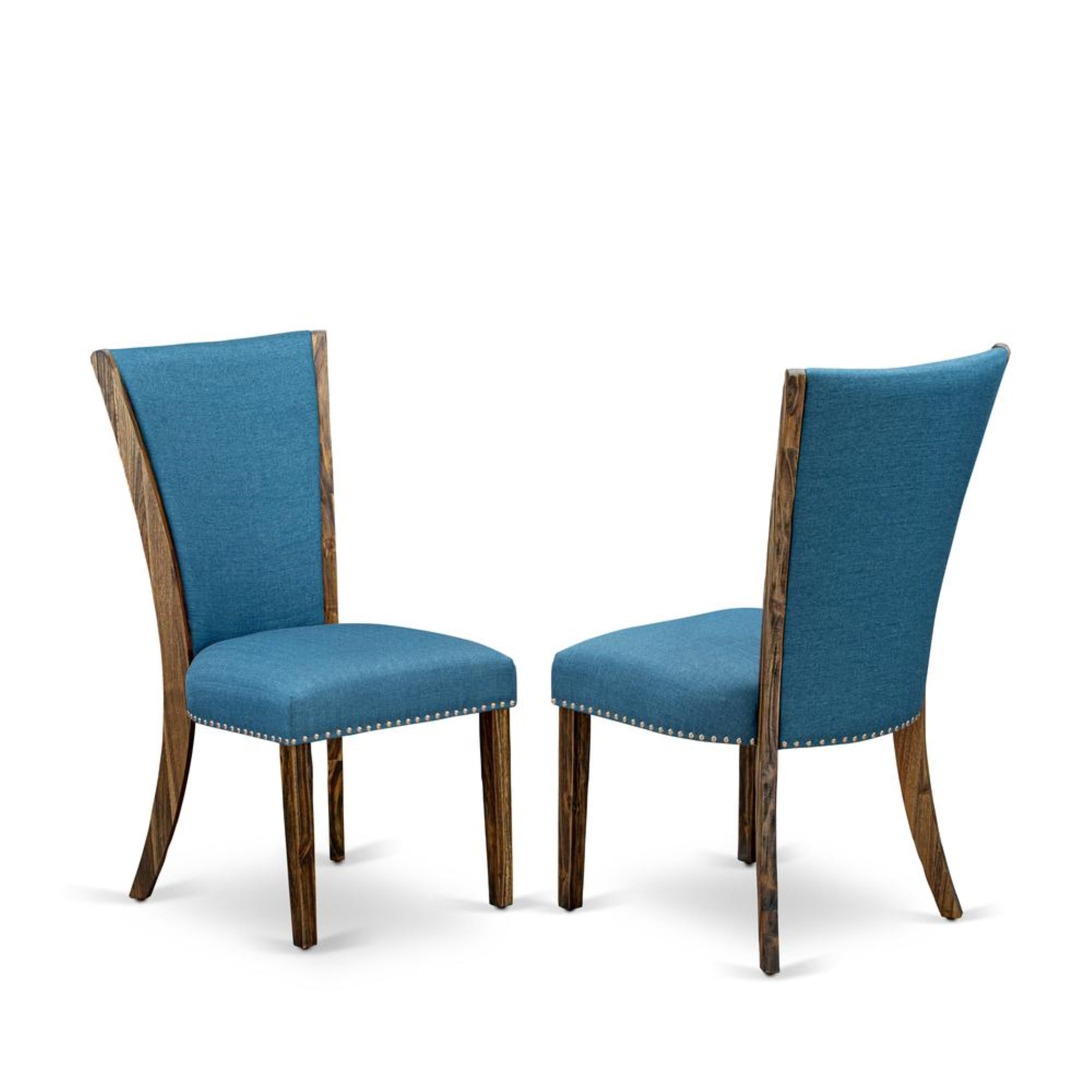 Verona Distressed Jacobean Wood Frame Dining Chair with Blue Linen Fabric Seat with Nail Head & Stylish Back - Set of 2