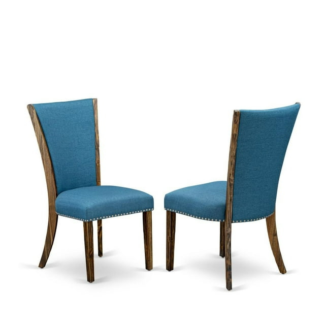 Verona Distressed Jacobean Wood Frame Dining Chair with Blue Linen Fabric Seat with Nail Head & Stylish Back - Set of 2