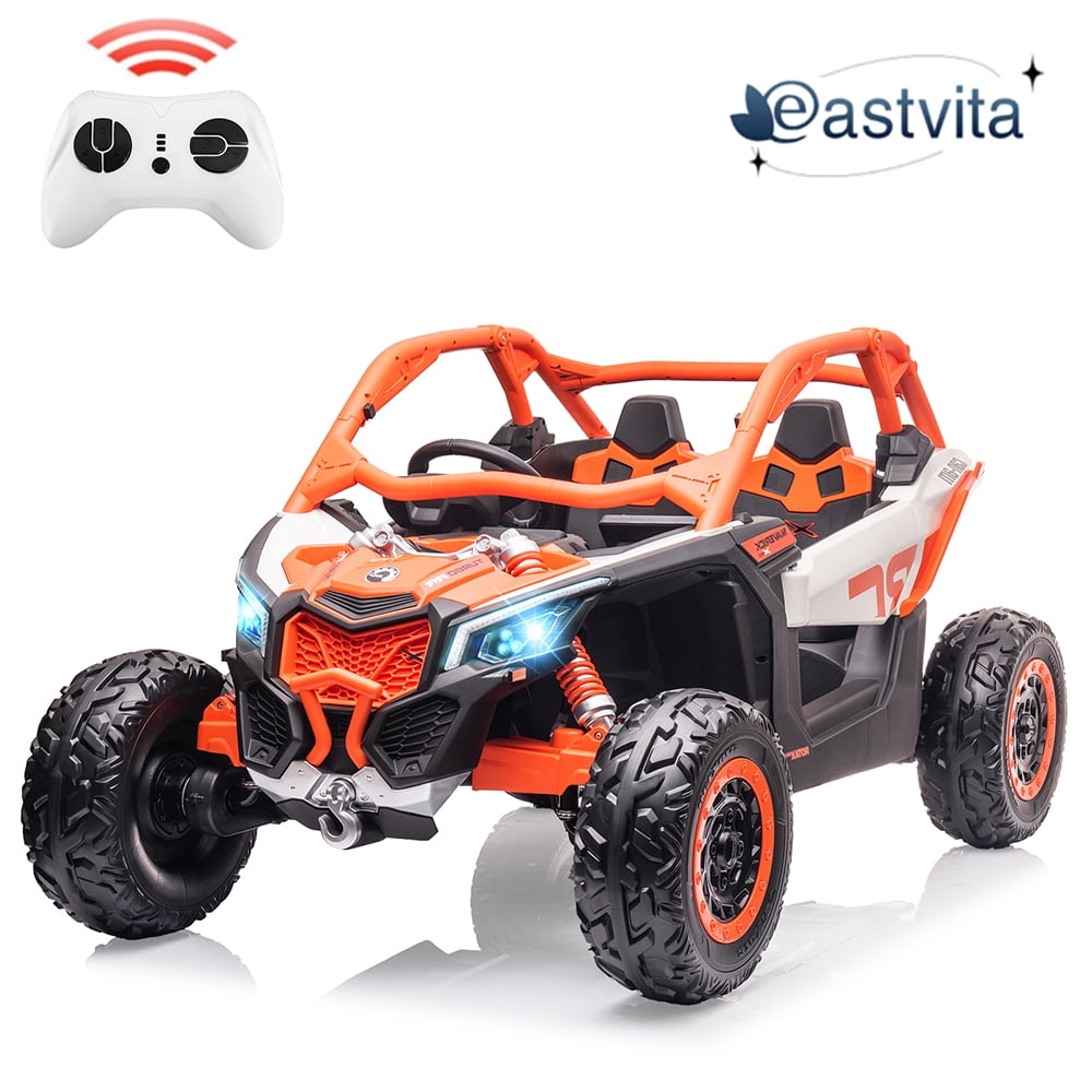 EastVita 2 Seats Ride on Ride on Car 200W Motors UTV,with Remote Control 23" Seats Width Electric Vehicle, EVA Wheels,Music,Head+Tail Light