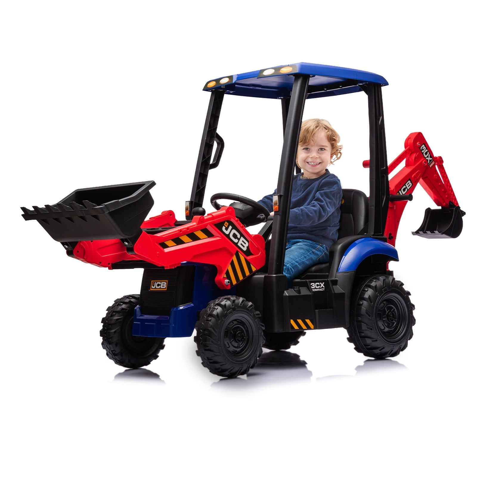 EastVita 4 in 1 Ride on Tractor, Excavator & Bulldozer with Tent,12V Ride on Car Digger Electric Vehicle with Remote Control, Front Loader, Horn, EVA Tires, Kids Ride on Car Toy
