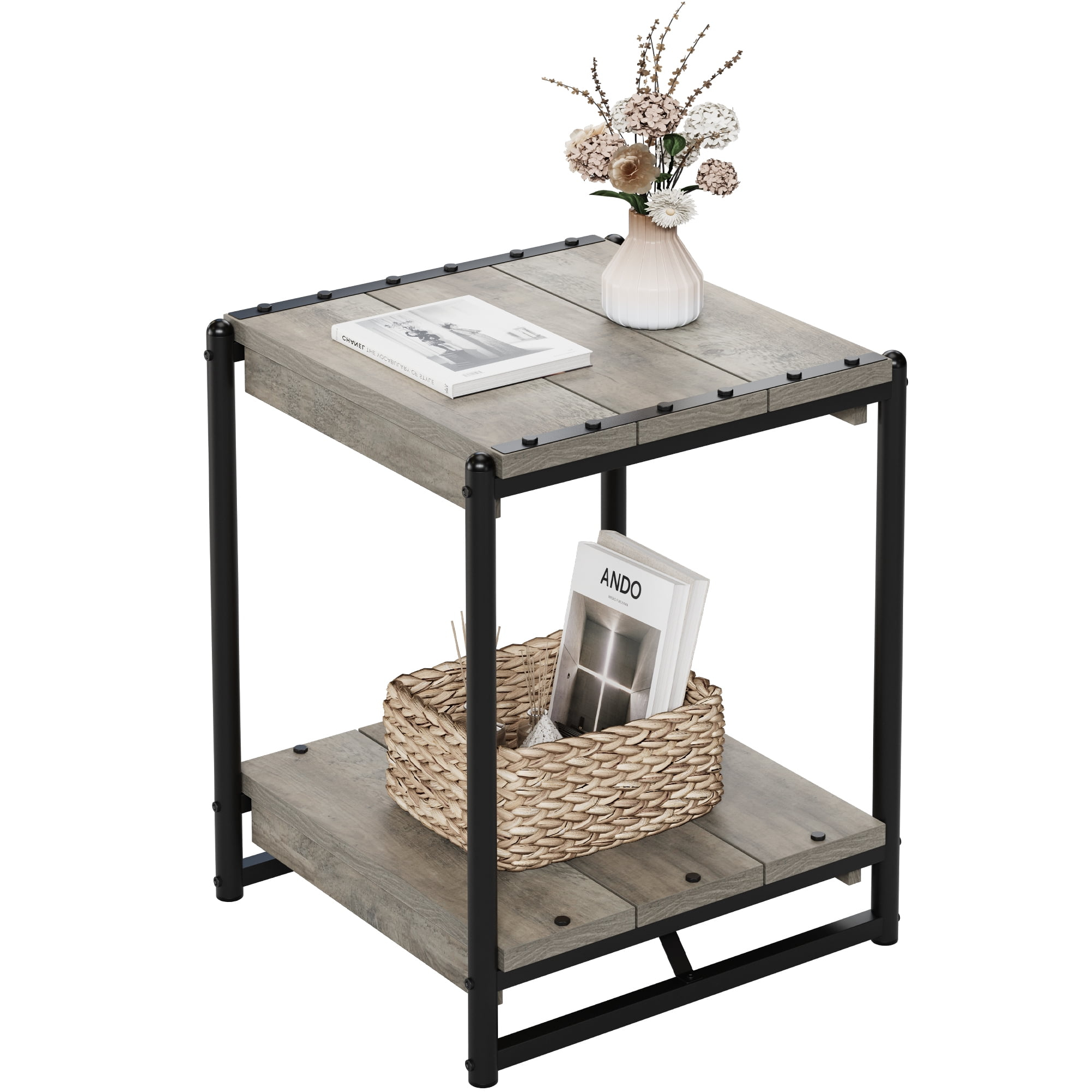 EastVita Mesa Auxiliar, Mesa Auxiliar Industrial con Estante de Almacenamiento de 2 Niveles, Mesa Auxiliar Cuadrada de 19,6 con Marco Resistente, Mesita de Noche de Madera para Espacios Pequeños, Sala de Estar, Dormitorio, Fácil Montaje, Gris