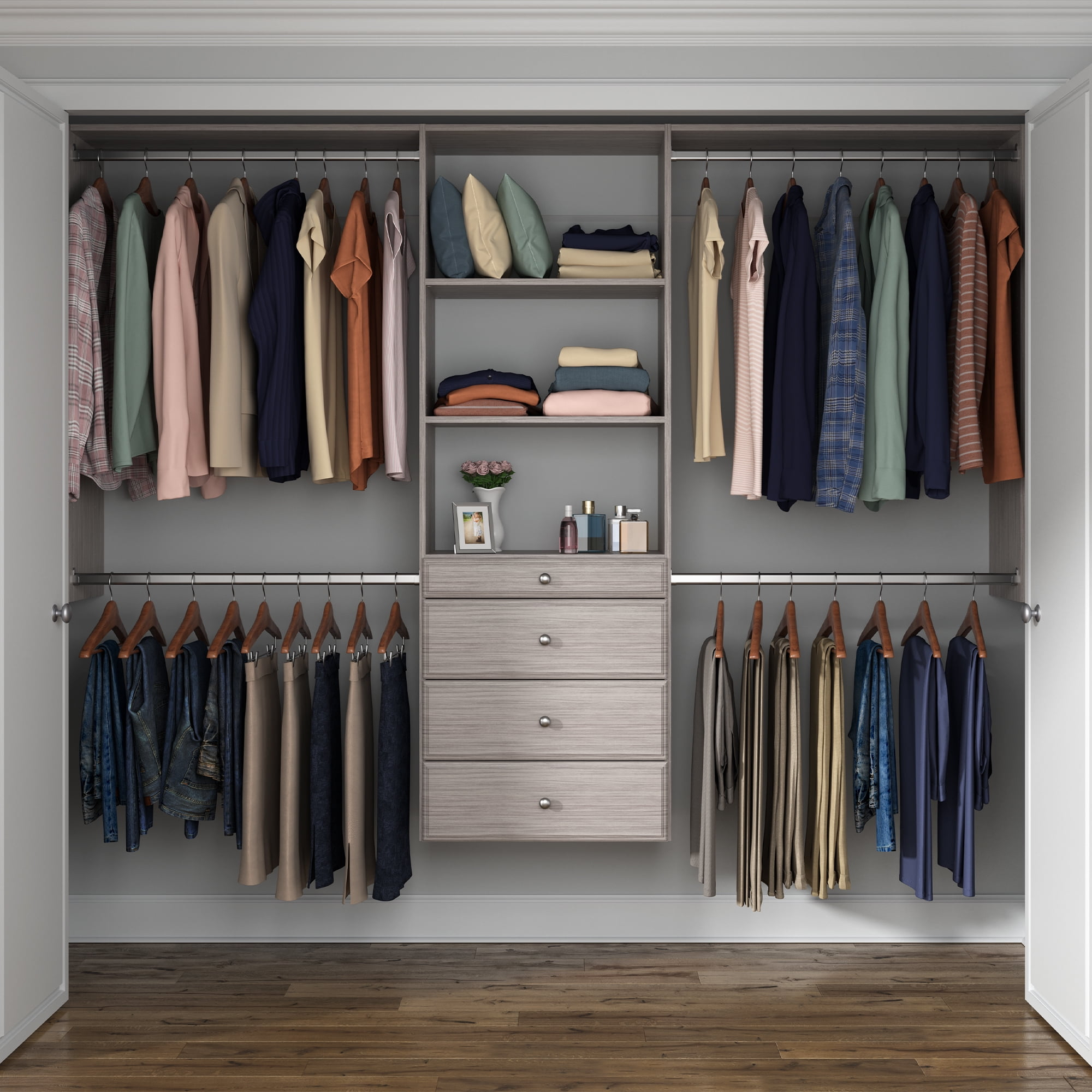 Easy Track Wood Laminate Deluxe Closet Organizer with Shelves and Drawers, Grey