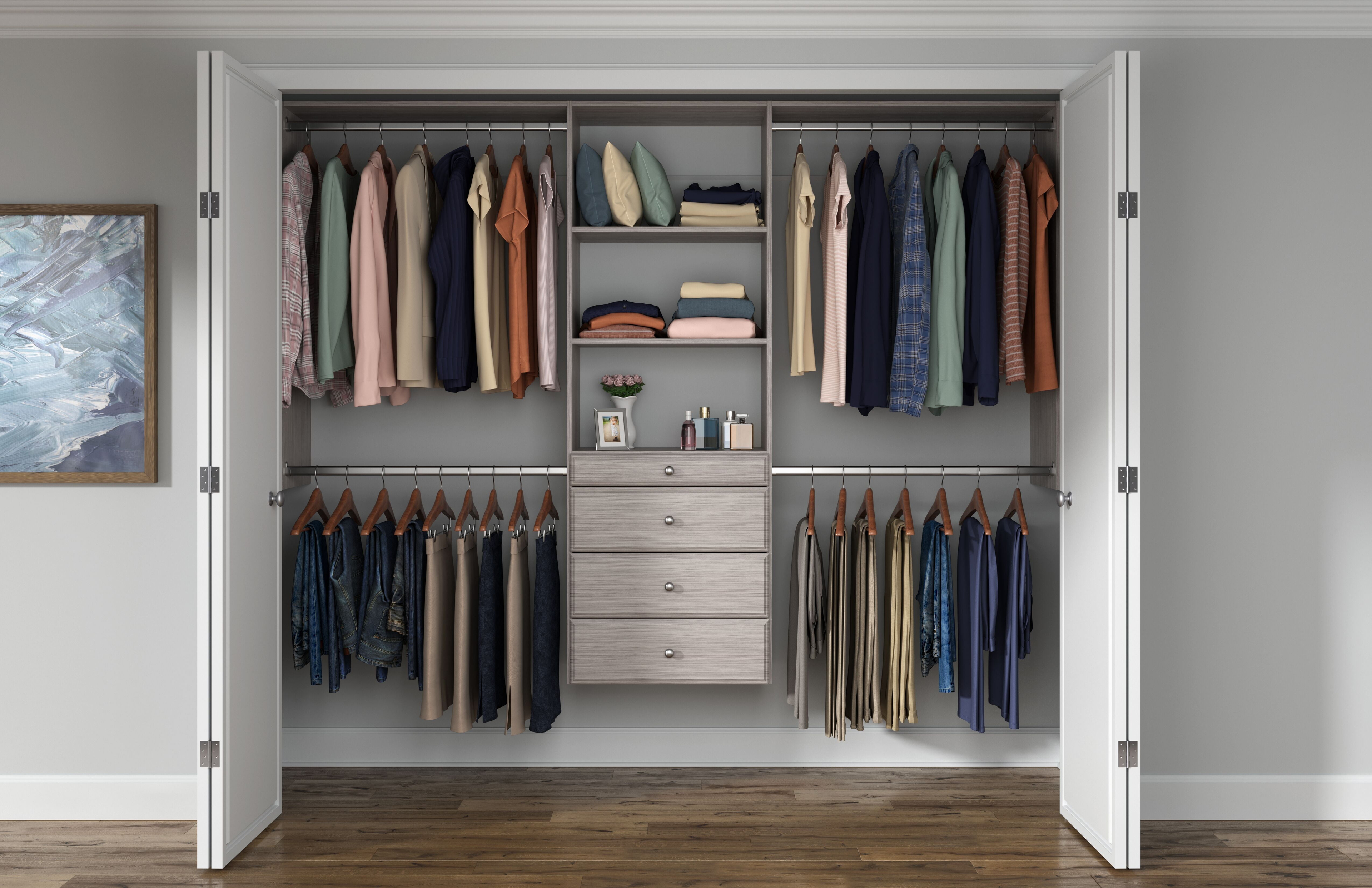 Easy Track Wood Laminate Deluxe Closet Organizer with Shelves and Drawers, Grey