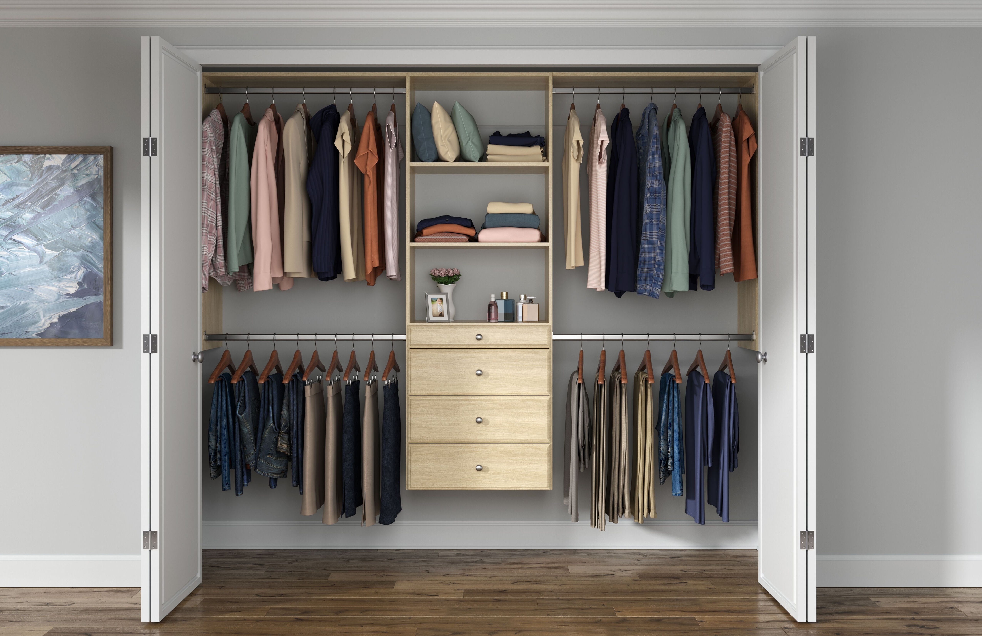Easy Track Wood Laminate Deluxe Closet Organizer with Shelves and Drawers, Honey Blonde