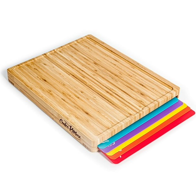 Tabla de Cortar de Madera de Bambú Fácil de Limpiar con Juego de 6 Tapetes de Corte Flexibles Codificados por Colores con Iconos de Comida - Juego de Tabla de Cortar